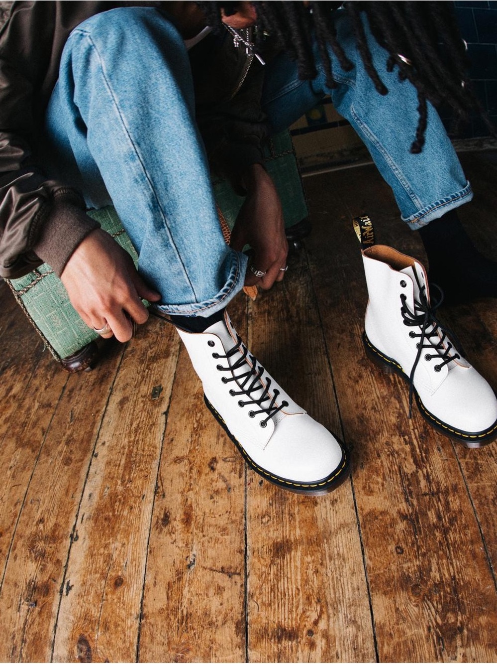 Dr. Martens White 8-Eye Leather Combat Boots with Black Laces